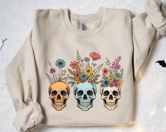 Floral Halloween Skull Sweatshirt, Wildflower Skeleton Sweater, Retro Halloween Vibes T Shirt, Skeleton Crewneck, Spooky Wildflower Shirt