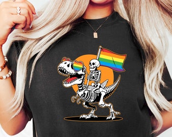 LGBT Skeleton Shirt, Gay Skeleton Shirt, Skeleton Pride Shirt, Dinosaur Pride Tshirt, Queer Pride Tee, LGBTQ Flag Shirt, Rainbow Gay T-shirt