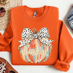 Colorful Coquette Gold Pumpkin Sweatshirt, Thankful Pumpkins Fall Shirt, Thanksgiving Gifts, Thankful Leopard Bow Tee,Fall Vibes Sweatshirt