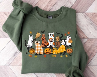 Halloween Cat Lover Sweatshirt, Ghost Cat Tshirt, Hallooween Cat Tshirt, Cat Mom Shirt For Halloween, Halloween Cat Mom Gift