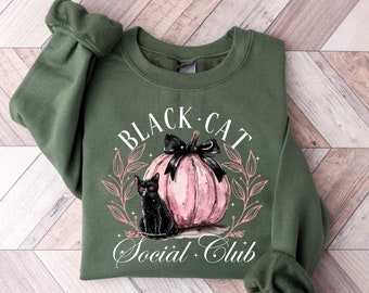 Black Cat Social Club Sweatshirt, Ghost Cat Shirt, Retro Halloween Sweater, Coquette Halloween Cat Mama Shirt, Halloween Cat Lover Gift