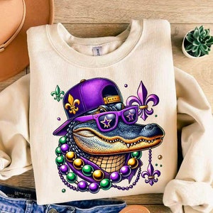 Mardi Gras Crocodile Sweatshirt, Animal Shirt, Women Mardi Gras Costume, Mardi Gras Alligator Shirt, Fat Tuesday Sweater,Mardi Gras Carnival