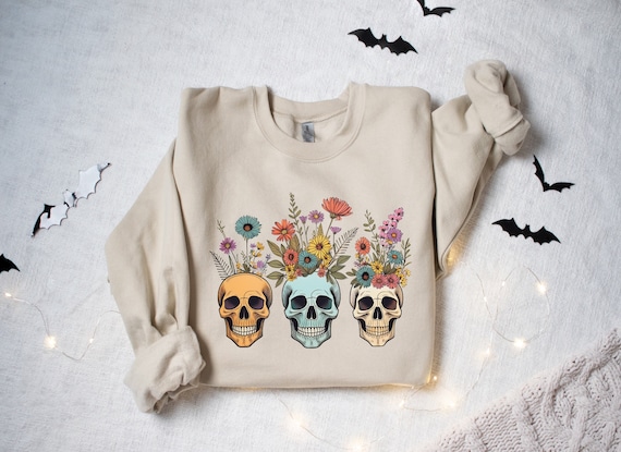 Floral Halloween Skull Sweatshirt, Wildflower Skeleton Sweater, Retro Halloween Vibes T Shirt, Skeleton Crewneck, Spooky Wildflower Shirt