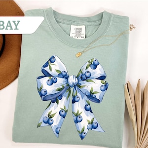 Comfort Colors®Cute Blue Toile Bow Shirt, Cute Coquette Bow T-Shirt,Inspirational Bow Tee,Cute Bow Shirt, Cute Women Gift,Blue Coquette Gift