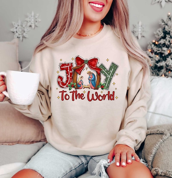Joy To The World Shirt, Christian Christmas Sweatshirt, Cute Jesus Shirt, Retro Christmas Nativity Scene Shirt, Christmas Gifts for Family