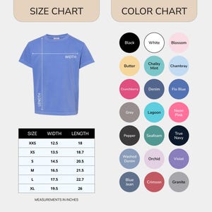 May include: A light blue t-shirt with a size chart and color chart. The size chart shows measurements in inches, with the length of the XL size at 26 inches. The color chart includes black, white, and pink.