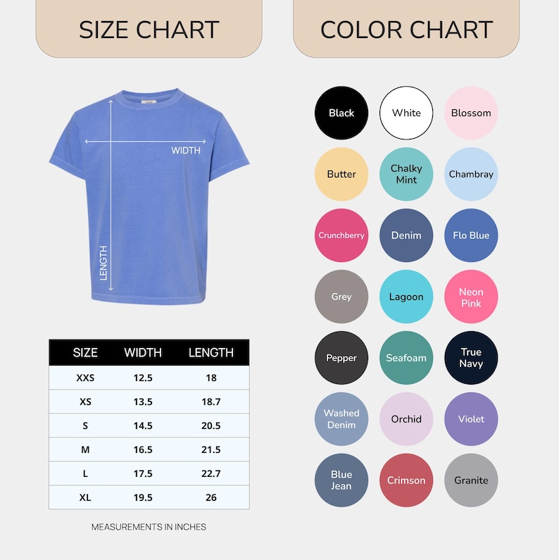 May include: A light blue t-shirt with a size chart and color chart. The size chart shows measurements in inches, with the length of the XL size at 26 inches. The color chart includes black, white, and pink.