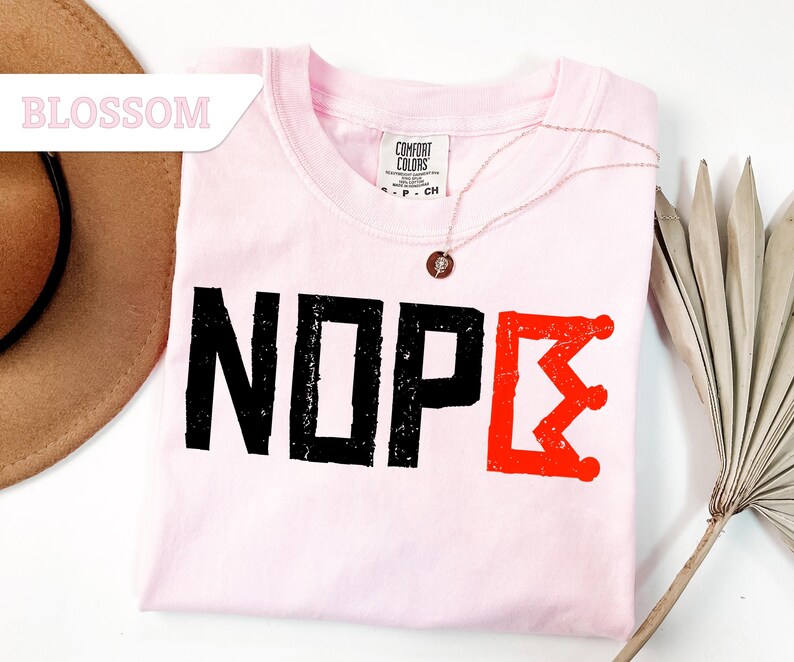 May include: A light pink t-shirt with the word "NOPE" printed in black, and a red crown-like design. A gold necklace with a pendant rests on the shirt. A brown hat and a dried palm leaf are also in the image.