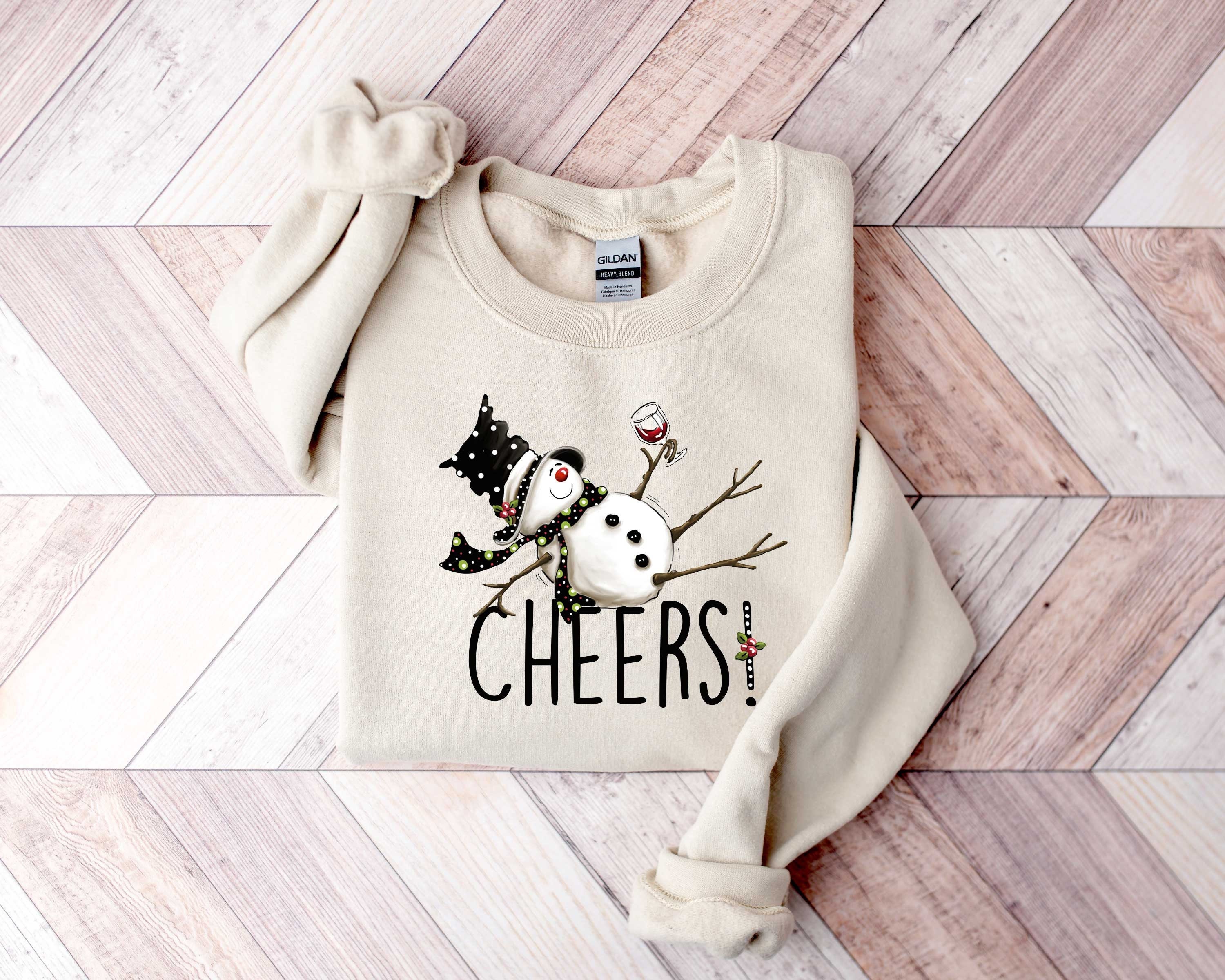 Funny Tipsy Snowman Wine Cheers T-Shirt - Women's Christmas Long Sleeve Graphic Tee