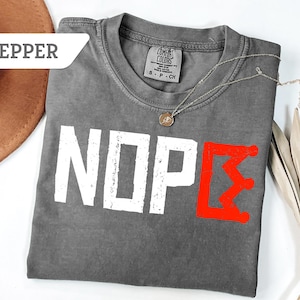 May include: A gray t-shirt with the word "NOP&Sigma;" printed in white and red. The shirt is made of a soft material and has a crew neck. A silver necklace with a pendant is on the shirt.