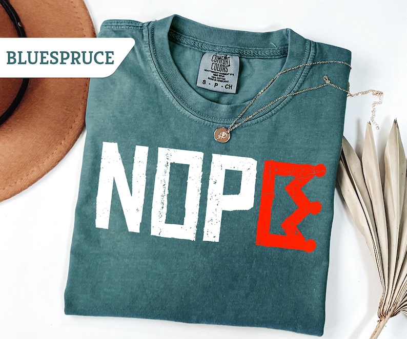 May include: A teal Comfort Colors t-shirt with the word "NOPE" in white block letters and a red Greek letter. A gold necklace with a pendant rests on the shirt. A brown hat and dried plant are in the background.