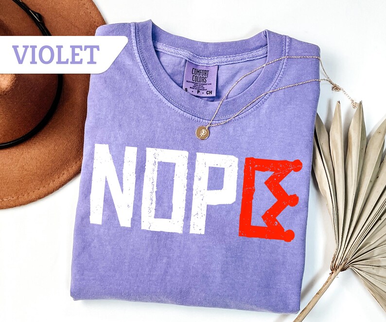 May include: A violet Comfort Colors t-shirt with the word "NOPE" in white block letters and a red crown graphic. A gold necklace with a pendant is draped across the shirt. A brown hat and dried plant are in the background.