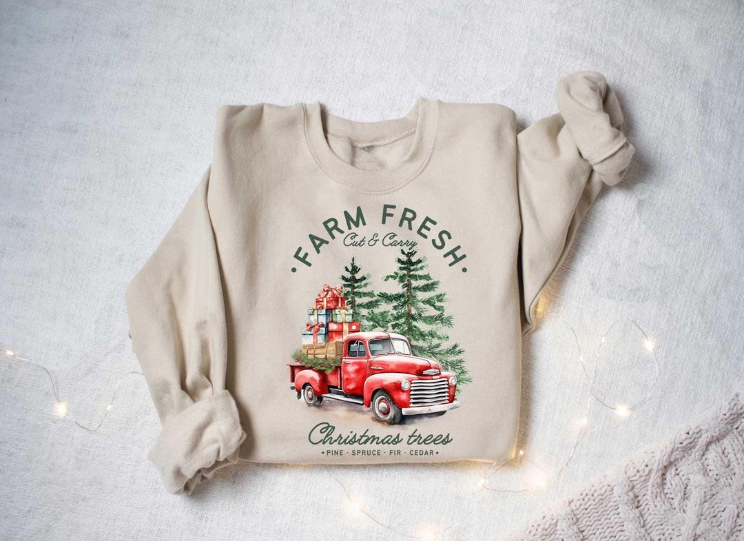 Taupe And Pink Merry Christmas Farm Truck Crewneck