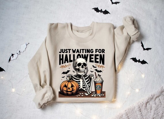 Just Waiting For Halloween Sweatshirt, Funny Halloween Shirt, Halloween Skull Sweatshirt, Halloween Summer Shirt, Halloween Skeleton Sweater