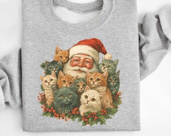 Santa Claus Kittens Christmas Sweater, Christmas Season Tee, Cute Kitten Winter Sweater, Funny Santa Shirt, Cat Lover Winter Shirt,Xmas Gift