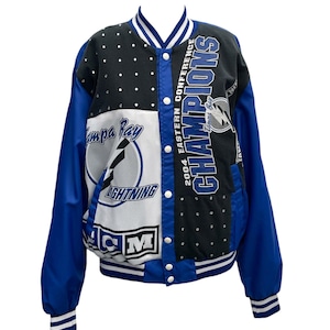 Tampa Bay Lightning Patched Rhinestone Bomber Jacket with Vintage Graphics