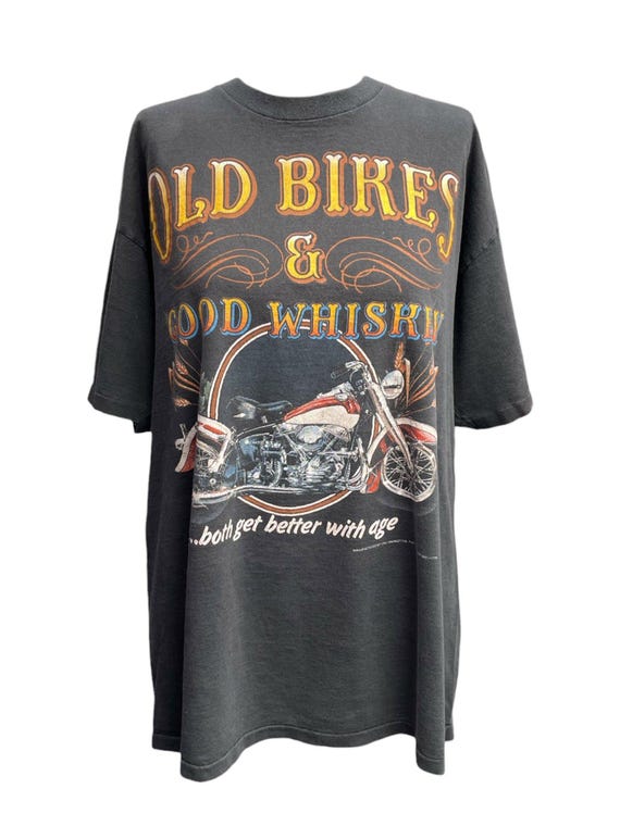 Vintage 90s Old Bikes & Good Whiskey 3D Emblem T-Shirt