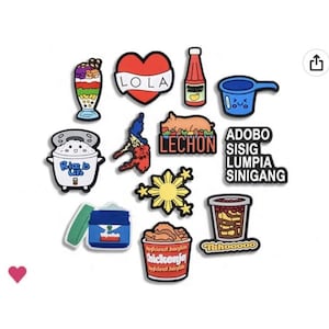 May include: A set of 12 colorful iron-on patches featuring Filipino food and culture. The patches include a heart with the word "LOLA" on it, a rice cooker with the words "Rice is Life", a dish of lechon, a dish of chicken adobo, a dish of taho, a dish of lumpia, a dish of sinigang, a dish of sisig, a flag of the Philippines, a star with the sun, a glass of halo-halo, and a bottle of banana ketchup.