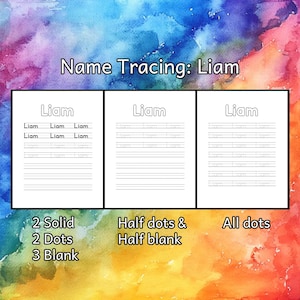 Peut inclure: Feuille de travail d'écriture du nom Liam à imprimer. La feuille de travail est divisée en trois sections : deux lignes pleines, deux lignes pointillées et trois lignes vides. Chaque section comporte le nom Liam écrit en haut.