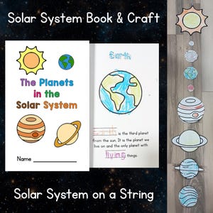 May include: A children's craft project with a solar system theme. The image shows a handmade book titled "The Planets in the Solar System" and a string of paper planets. The book features illustrations of the sun, Earth, and other planets.