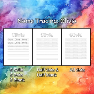 May include: Printable name tracing worksheet for the name Olivia. The worksheet has three sections: one with solid lines, one with half dots and half blank lines, and one with all dots. Each section has the name Olivia written at the top and multiple lines for tracing.