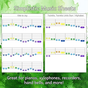 Op de afbeelding: Twee afdrukbare muziekbladen met eenvoudige arrangementen van "Ode aan de vreugde" en "Twinkle, Twinkle Little Star" met het alfabet. De bladen zijn ontworpen voor gebruik met piano's, xylofoons, blokfluiten en handbellen.