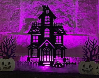 Black Wooden Haunted House Halloween Decor – Handmade Spooky Village Scene with Trees
