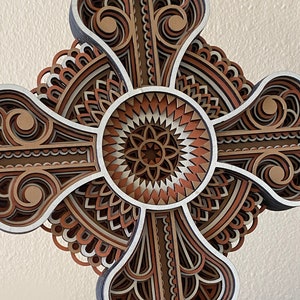 Handcrafted 7-Layer Wooden Cross: Coral Mandala Wall Decor