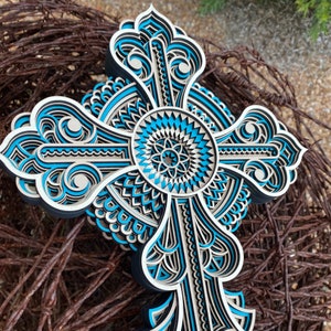 Layered Mandala Cross Wall Decor | 7‑Layer Wooden Christian Cross | Blue Religious Home Decor Gift