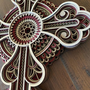 Handcrafted 7-Layer Wooden Mandala Cross: Burgundy Mandala Wall Decor