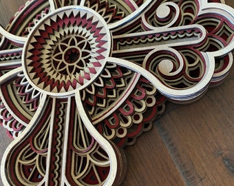 Handcrafted 7-Layer Wooden Mandala Cross: Burgundy Mandala Wall Decor