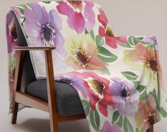 Water Color Floral Throw Blanket, Flower Sofa Throw Blanket, Pink Flower Couch Throw Blanket