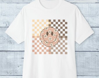 Boho Checkered Happy Face Unisex Oversized Boxy Tee, Retro smile face tee, smile face tee, trend smile face tshirt