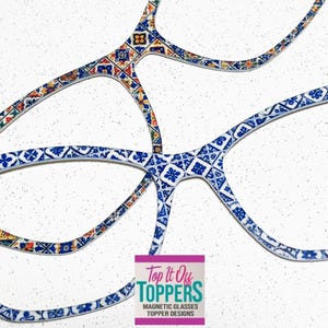 May include: Two pairs of magnetic glasses toppers with decorative patterns. One pair features a blue and white tile design, while the other has a colorful mosaic pattern. The toppers are displayed on a white background. The image includes the text "Top It Off Toppers".