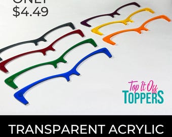May include: A collection of seven transparent acrylic brow toppers in various colors including black, red, green, blue, purple, yellow, and orange. The text Top It Off TOPPERS and TRANSPARENT ACRYLIC BROW TOPPERS is visible on the image.