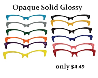 May include: A collection of solid, glossy eyeglass frames in various colors, including blue, gray, green, orange, purple, yellow, black, gold, navy, pink, and red. The text "Opaque Solid Glossy" is at the top.