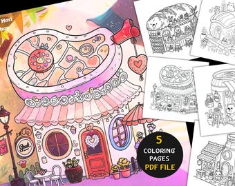 Kawaii Cozy Coloring Book PDF | Cute Shop Front | Japanese Aesthetic Art | Stress Relief Gifts for Adults | Digital Download