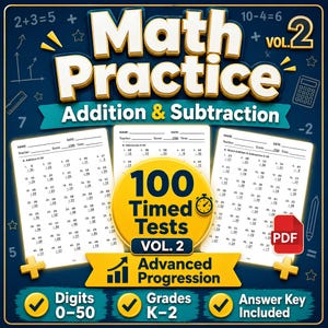 Puede incluir: Un libro de ejercicios de matemáticas digital titulado Math Practice Vol. 2 Addition & Subtraction con 100 pruebas cronometradas para grados K-2. El PDF incluye sumas y restas con dígitos 0-50, progresión avanzada y clave de respuestas.