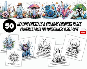 Healing Crystals Coloring Book PDF | Mindfulness Chakra Art | Adult Coloring Book Stress Relief | Spiritual Self Love | Digital Download