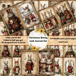 Christmas bunnies Junk Journal Kit , Printable Collage Pages , digital papers , digital download, card making