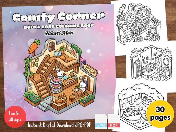 Comfy Corner Cozy Room Coloring Pages | Bold & Easy Kawaii Animal Isometric Art | Printable Digital Adult Kids Stress Relief Coloring Book