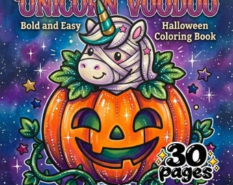 Páginas para colorear de vudú de unicornios - 30 páginas para colorear de Halloween, atrevidas y fáciles, para adultos y niños, descarga digital espeluznante y adorable, arte espeluznante y adorable