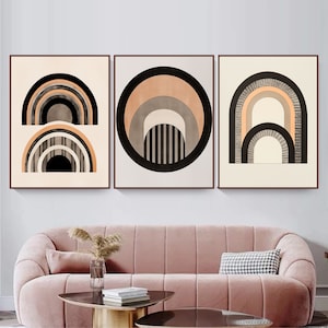 Mid Century Art Prints Set of 3, Neutral Modern Wall Art Decor, Minimalist Digital Prints, Boho Style Art Prints, Orange, Black Rainbows