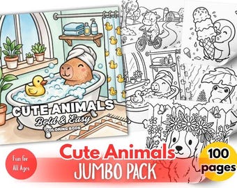100 adorabili pagine da colorare di animali / Stampabili in modo semplice e audace / Semplici linee grandi per bambini e adulti / Accogliente Kawaii Foodie, Fantasy, PDF rilassante