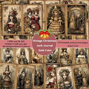 Golden Christmas vintage junk journal, Printable Junk Journal Pages , Digital collage sheet , christmas printables