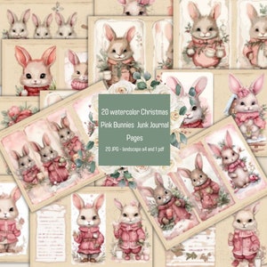 watercolor Christmas Pink Bunnies  Junk Journal Pages,landscape a4 and 1 pdf, Pink Bunnies card Junk Journal kit, Digital collage sheet
