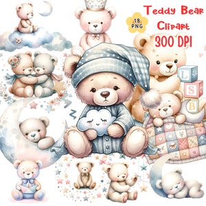 Watercolor Teddy Bear Clipart , Sleeping Teddy Bears , Instant Digital Download , PNG Files , Junk Journal , Scrapbooking, Embellishments
