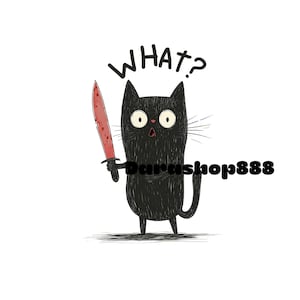 Spooky Black Cat with Knife PNG for Halloween Decor, Kawaii Horror Clipart, Sublimation Digital Download, Scary Cute Art