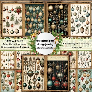 Vintage jewelry junk journal pages, Christmas scrapbook pages, assorted Christmas balls , printable paper , digital papers