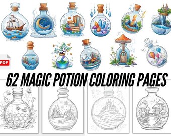 Libro para colorear de pociones mágicas (PDF) / Libro para colorear acogedor para adultos y niños / Regalos para aliviar el estrés / Páginas para colorear imprimibles / Descarga digital